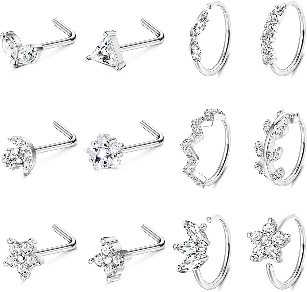 12PCS 20G Edelstahl Nasen Ringe Hoop Stud Set für Frauen CZ Schmetterlingsblume Blätter Nasenring Nasen Ohr Knorpel Piercing Schmuck