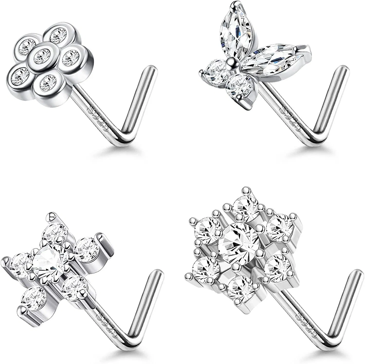 4pcs 20G Sterling Silber Nasen Ringe Sticks Knochen L-Form Nasen Sticks für Frauen Männer Kubik Zirkon Eingezogen Blumen Schmetterling Schneeflocken Nasen Piercing 7MM