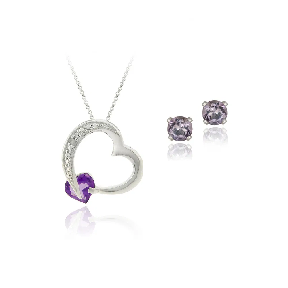 Sterling Silber Amethyst& Diamant Accent Floating Heart Halskette und Ohrringe Set