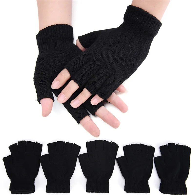 5 Paar schwarze halbe Finger Fingerless Handschuhe für Frauen und Männer Wolle gestrickte Handgelenk Baumwolle Handschuhe Winter warme Workout Handschuhe