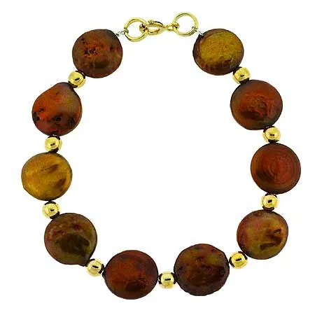 18 Karat Gold über Sterling Silber Braun Frischwasser-Kultivierte Münze Perlen & Perlen Armband