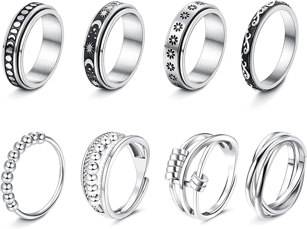 8pcs Edelstahl-Spinner - Ringe Fidget-Ringe für Angst für Frauen Männer Perlen-Ringe Schwarze Daisy-Angst - Ringe Set Angst Stress-Linderung Ringe Größe 7