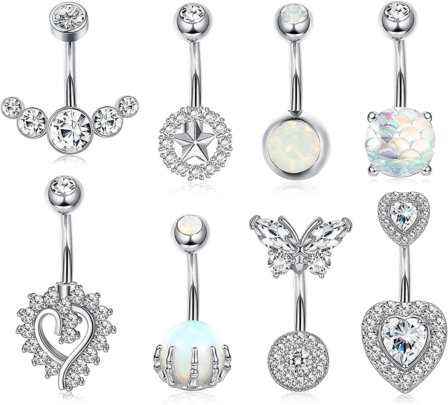 Chirurgische Bauchknopfringe für Frauen Opal Fischskala Halo Doppelherz Schmetterling Runde Nabelringe gekrümmte Barbell Clear CZ Bauch Piercing 14G 8Pcs