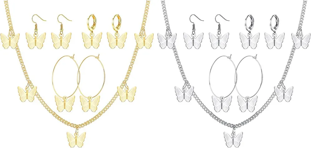 8Sets Schmetterling Halskette Ohrringe Set Schmetterling Hoop Dangle Ohrringe Huggie Drop Ohrringe Bohemian Butterfly Choker Chain Kette Adjustable