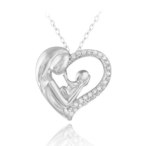 Sterling Silber CZ Mutter Halten Baby Herz Halskette