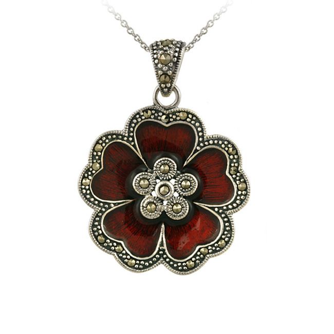 Sterling Silber Marcasit & Red Enamel Blumen Anhänger
