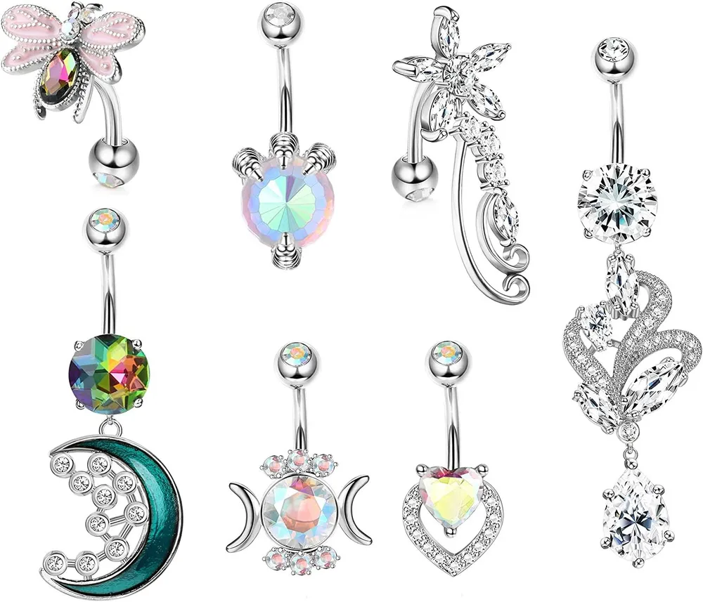 14G Dangle Bauchknopfringe für Frauen 7pcs chirurgische Umkehr Bauchringe farbenfrohe CZ gebogene Nabel Barbell Piercing Hangling Mond Biene Blume Herz Bauch Körper 3 / 8