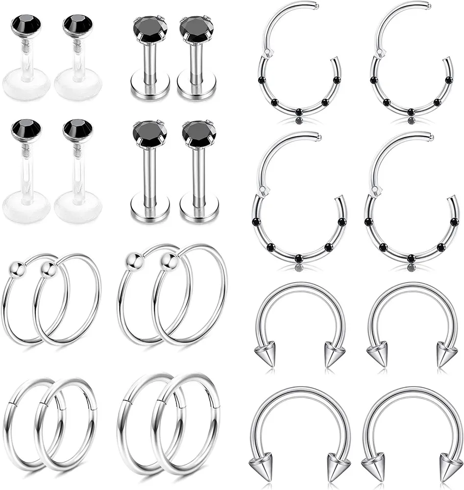 12Paare 16G / 20G Knorpelschleife Helix Daith Tragus Ohrringe CBR Hinge Clicker Septum Ring CZ Schlaf Ohrringe Edelstahl & Clear Flexible Lippenringe Labret Studs Monroe Piercing