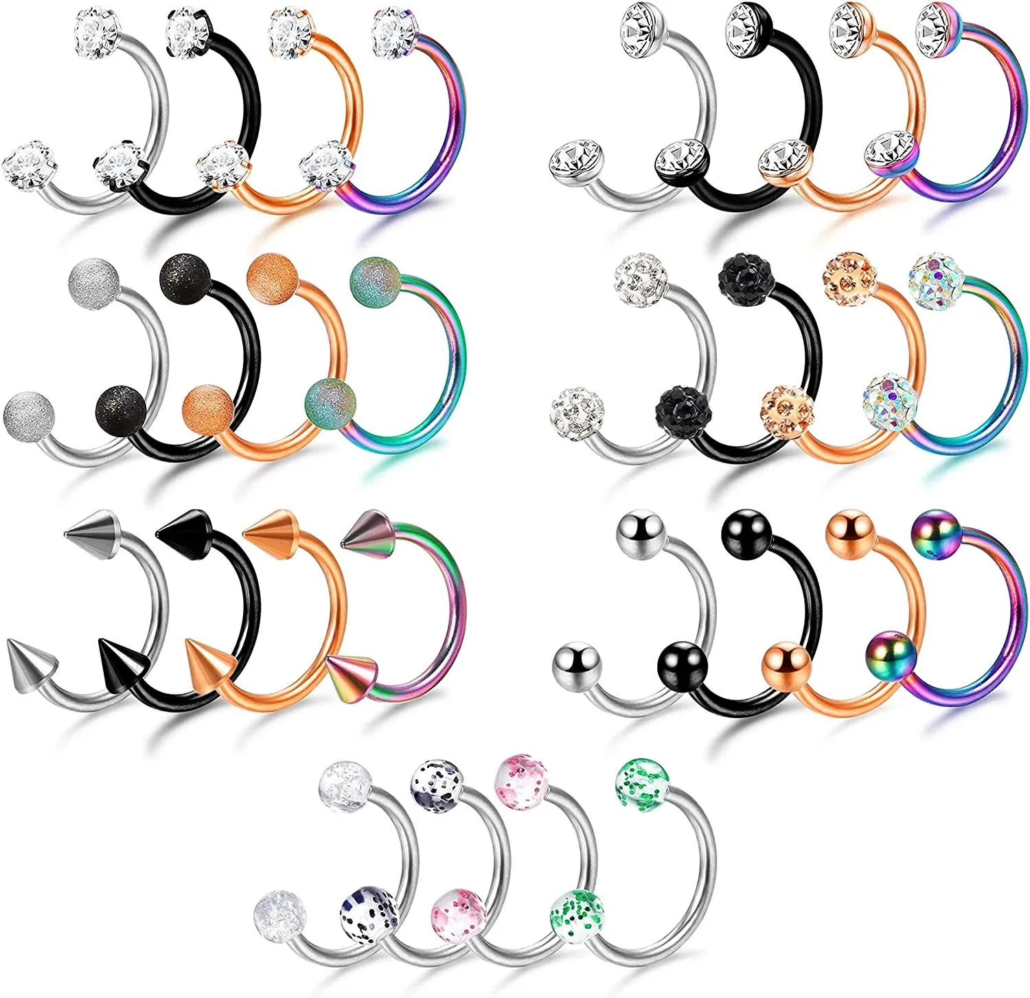 28 Stück 16G Horseshoe Nase Septum Ringe Piercing Set für Frauen Männer 316L Chirurgische CZ Nasenring Hoop Lippe Ohr Tragus Knorpel Helix Ohrring Piercing