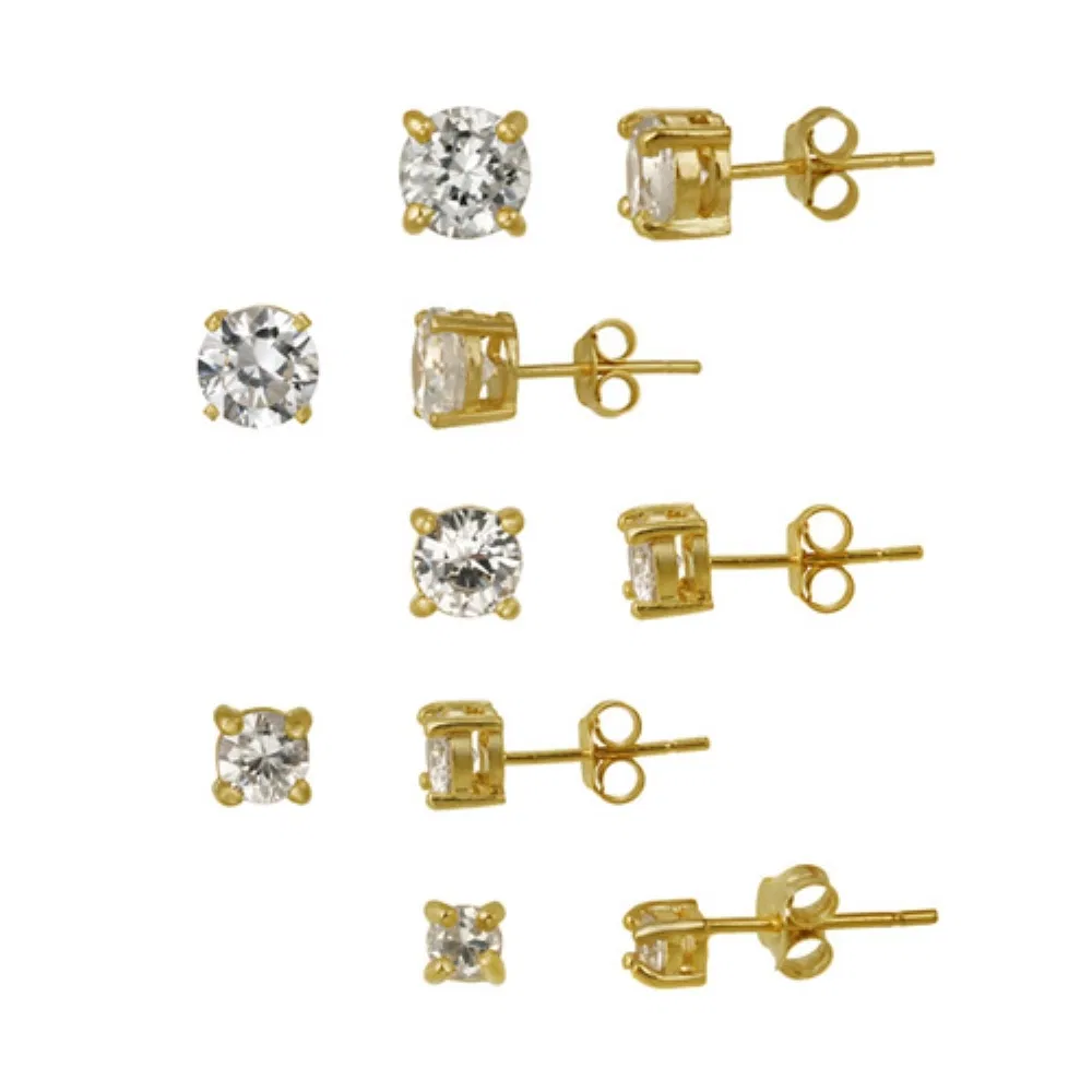 18 Karat Gold über Sterling Silber 5 - Pair Round CZ Stud Earrings Set