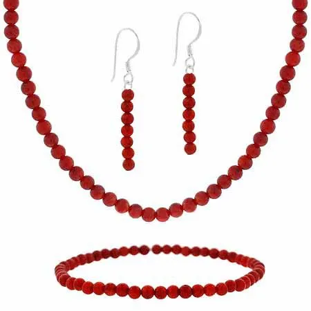 Sterling Silber 4mm simulierte rote Korallen Stein Perlen Perlen Dangle Haken Ohrringe Stretch Armband Halskette 15 - 19" Jewelry Set