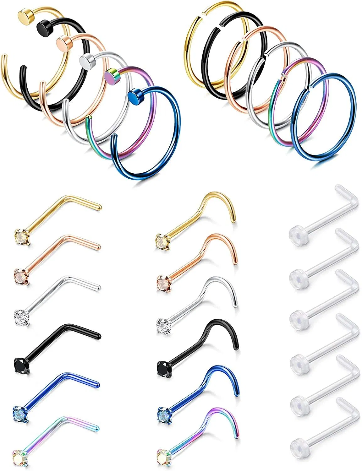 24 Stück 20G Edelstahl Schleife Nasen Ringe Schraube Stud Ringe Piercing Schmuck farbige CZ Eingezogen