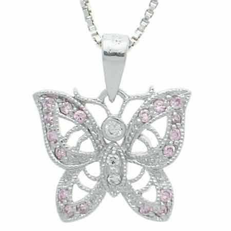 Sterling Silber Pink & Clear CZ Filigree Butterfly Anhänger