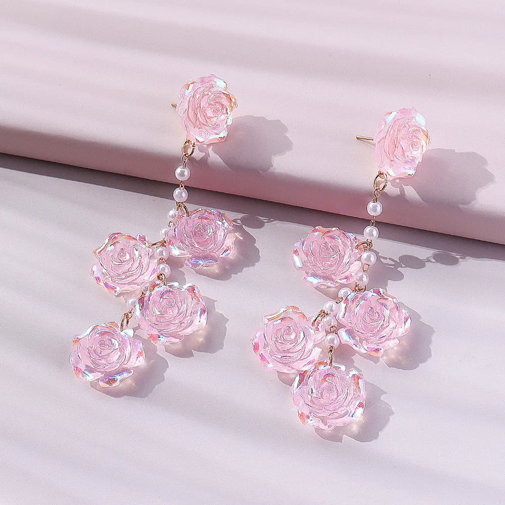 Elegante rosa Rose Blume lange Ohrringe mit Faux Pearl Floral Ohrschmuck