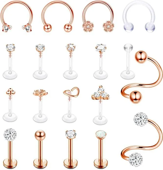 19pcs Helix Knorpel Ohrringe Tragus Labret Ohrringe Studs Edelstahl & Acryl Lippen Nasen Ringe Daith Rook Piercing Schmuck für Frauen Männer 16G 18G