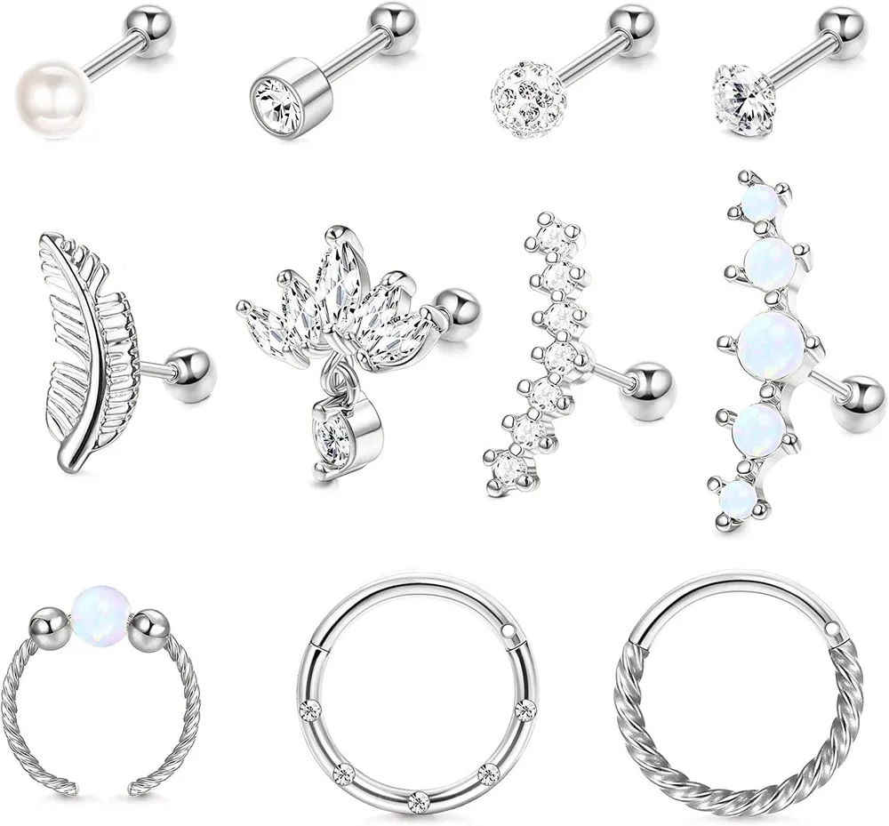 11 Stück Knorpel Ohrringe für Frauen Männer Kubik Zirkonia Pearl Cartildge Ohrringe Stud Helix Hoop Ohrringe Tragus Daith Conch Piercing Stainlessss Cartildge Stud Ohrring Set