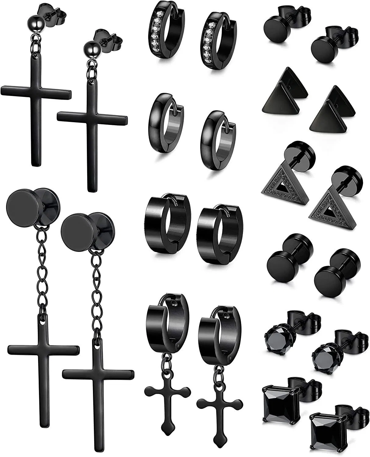 12 Paare Stud Ohrringe Hoop Ohrringe Set für Männer Frauen Edelstahl Cross Huggie Ohrringe Piercing