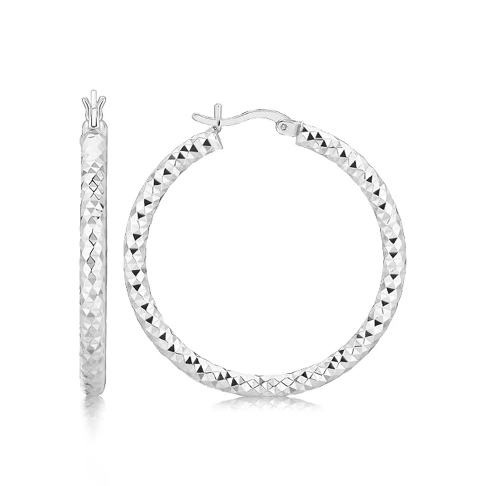 Sterling Silber Faceted Motif Large Hoop Ohrringe mit Rhodium Plating (4x25mm)