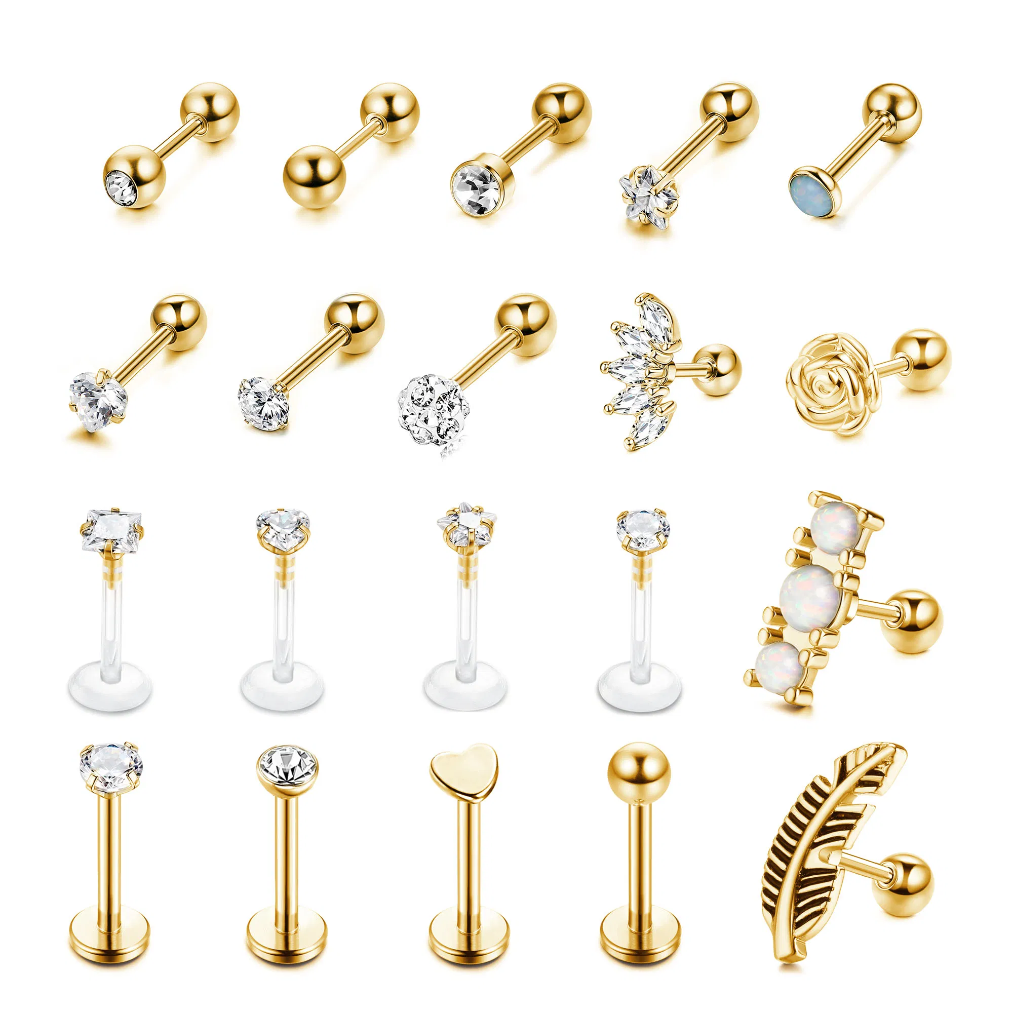 16G Edelknorpel Ohrringe für Frauen Männer Muschel Tragus Vorwärts Helix Piercing; CZ Herz Opal Blatt; Stump Ohrringe Knorpel Ohr Piercing 20 Stück