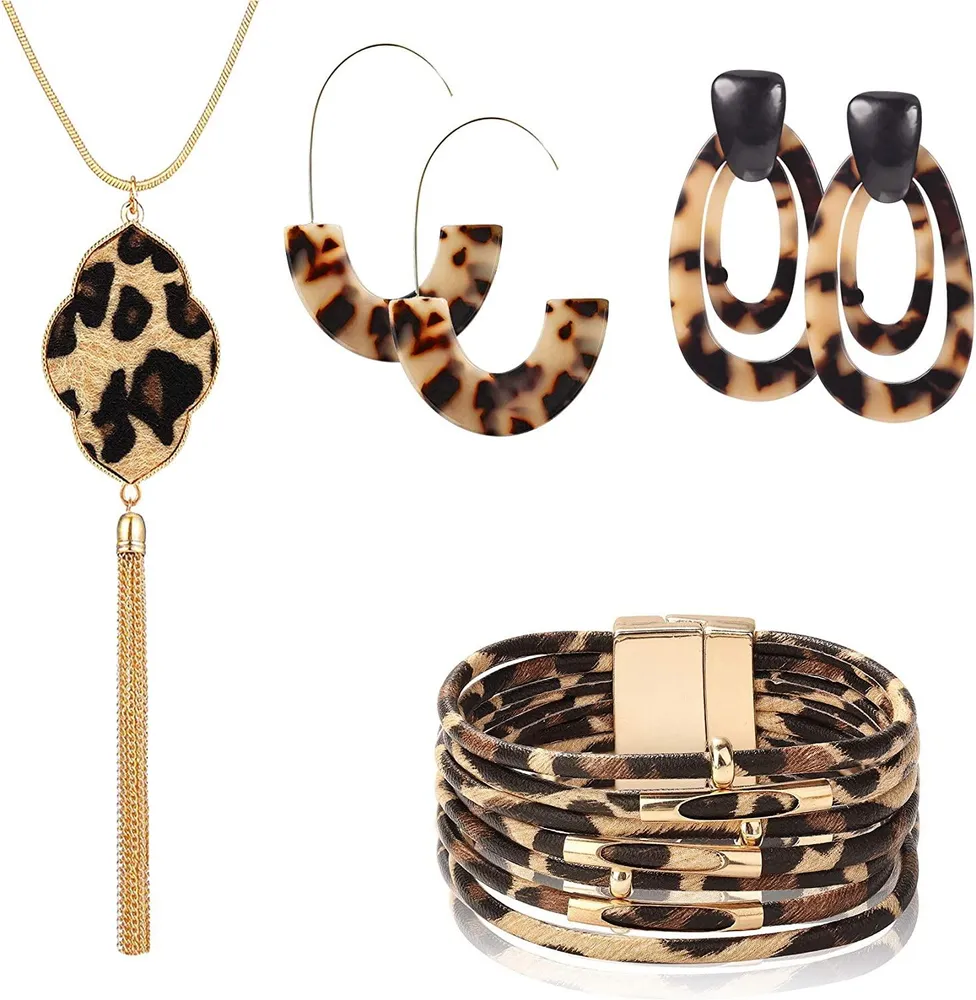 4Set Leopard Set Leopard Armband Acrylic Hoop Ohrring Aussage Leopard Long Tassel Anhänger Halskette für Frauen