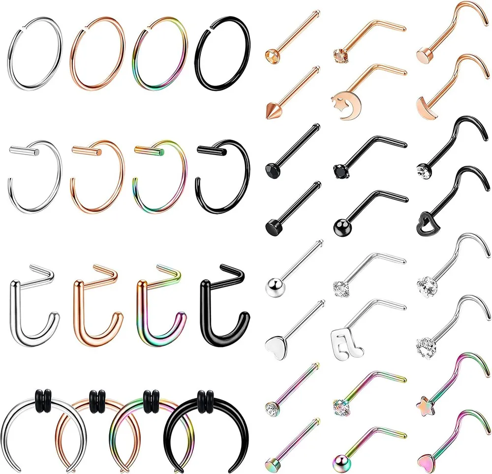20G Nasenringe für Frauen Männer Nasen Piercing Edelstahl Nasen Schleife L-Form Schraube Knochen Nasen Stud Regenbogen Nasen Ring Set