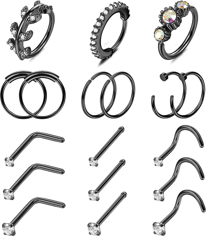 18PCS 20G Nasenringe Hoop Studs Chirurgische Knorpel Ohrringe Körper Piercing 1.5mm 2mm 2.5mm CZ Schraube L geformte Knochen Nasenloch Piercing für Frauen Männer