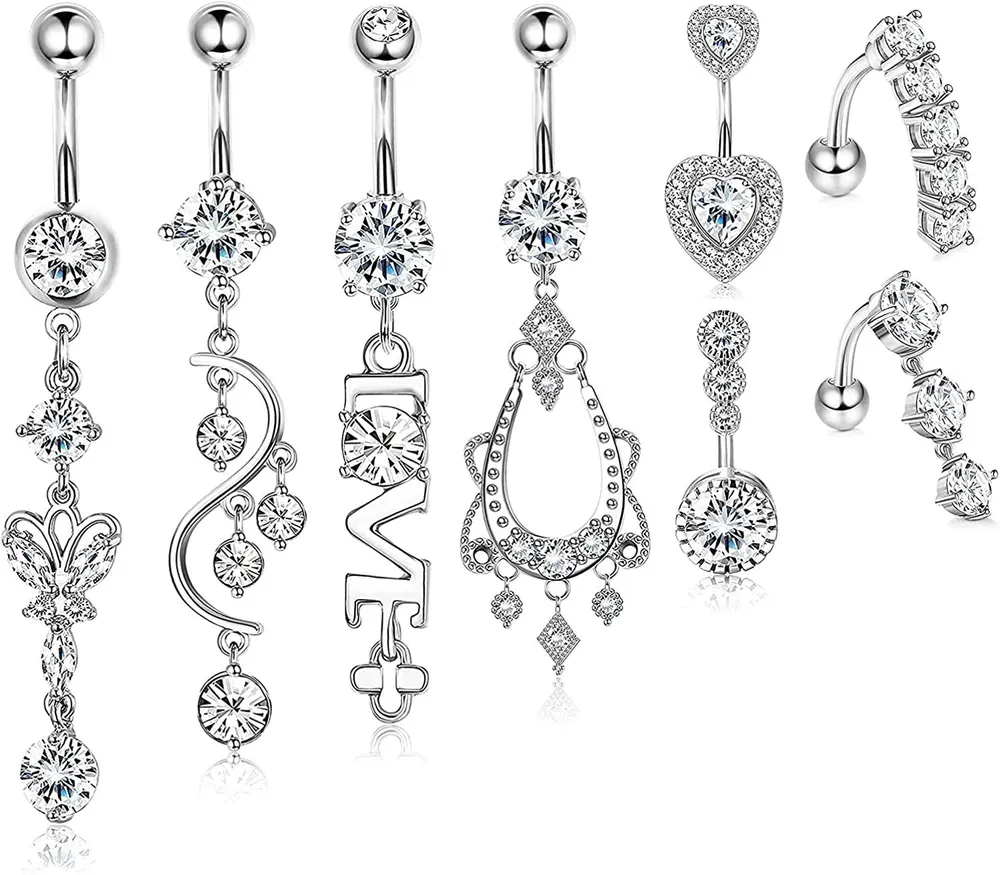 8pcs 14G 316L Chirurgische Dangle Bauchknopfringe für Frauen Liebe Herz Schmetterling CZ Nabel Barbell Ringe Umkehr Nabel Ringe Kurven Barbell Körper Piercing