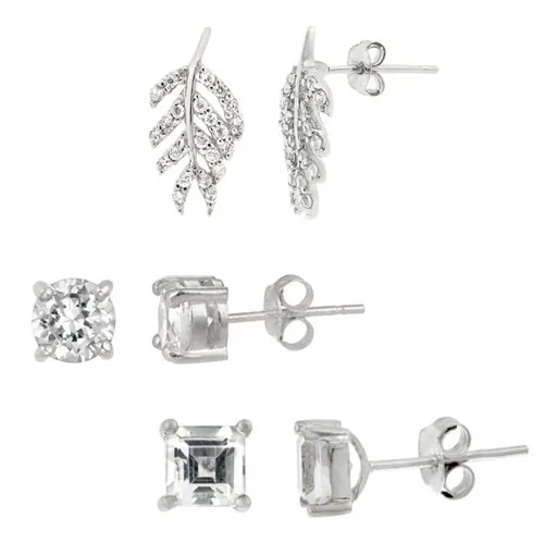 Sterling Silber CZ Square Stud, CZ Round Stud & CZ Leaf Ohrringe Set