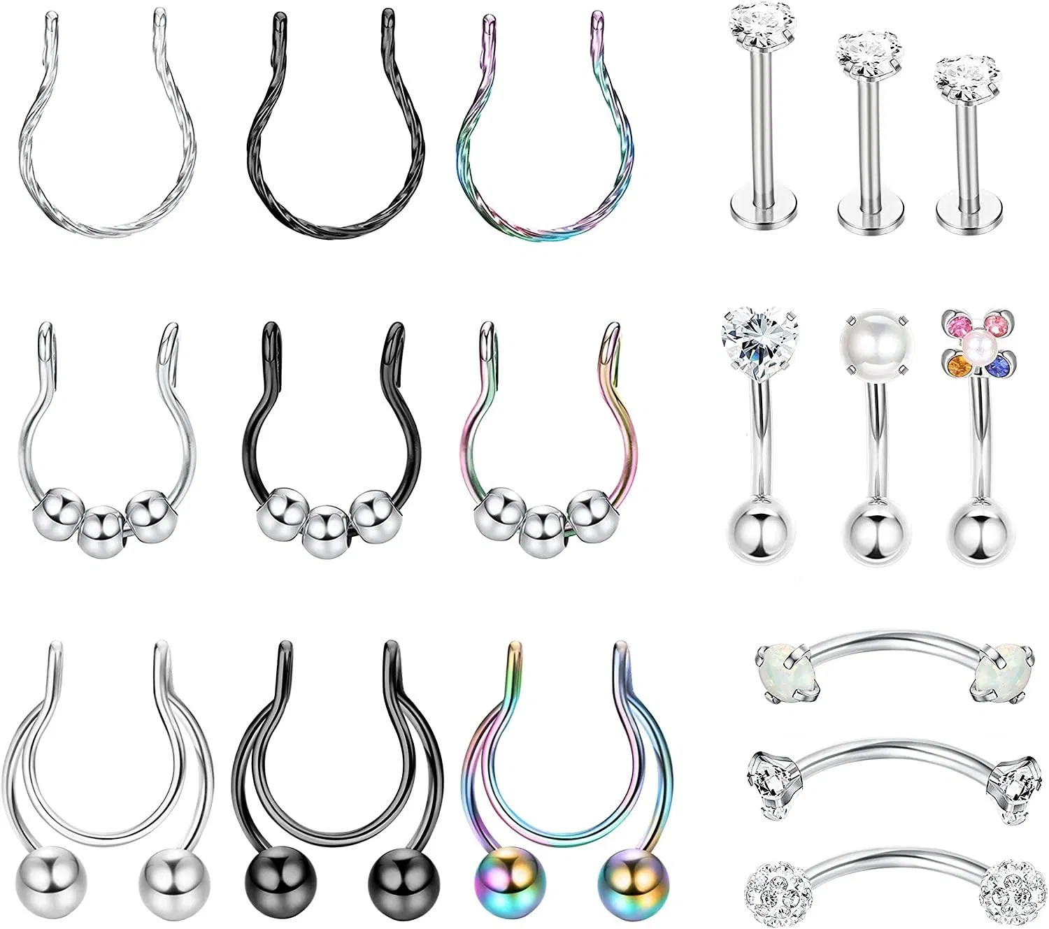 18pcs 16G Edelstahl Rook Ohrringe Clip-on Fake Nase Ringe Hoop Bauch Lippenring Augenbrauen Studs Daith Tragus Piercing