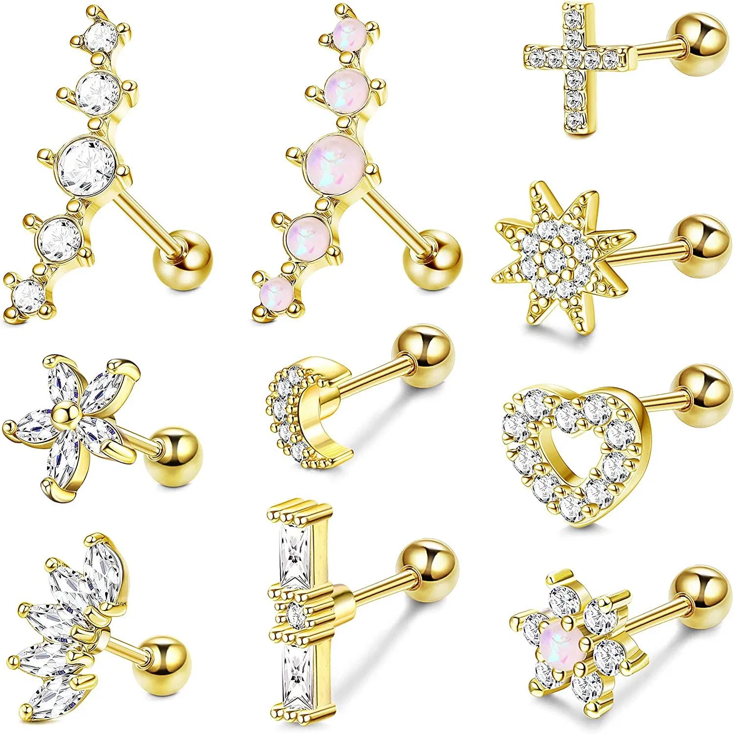 16G Knorpel-Stapel - Ohrringe für Frauen Männer; 316L Edelstahl-Forward Conch Helix Tragus Daith Piercing Schmuck 10pcs; Gold