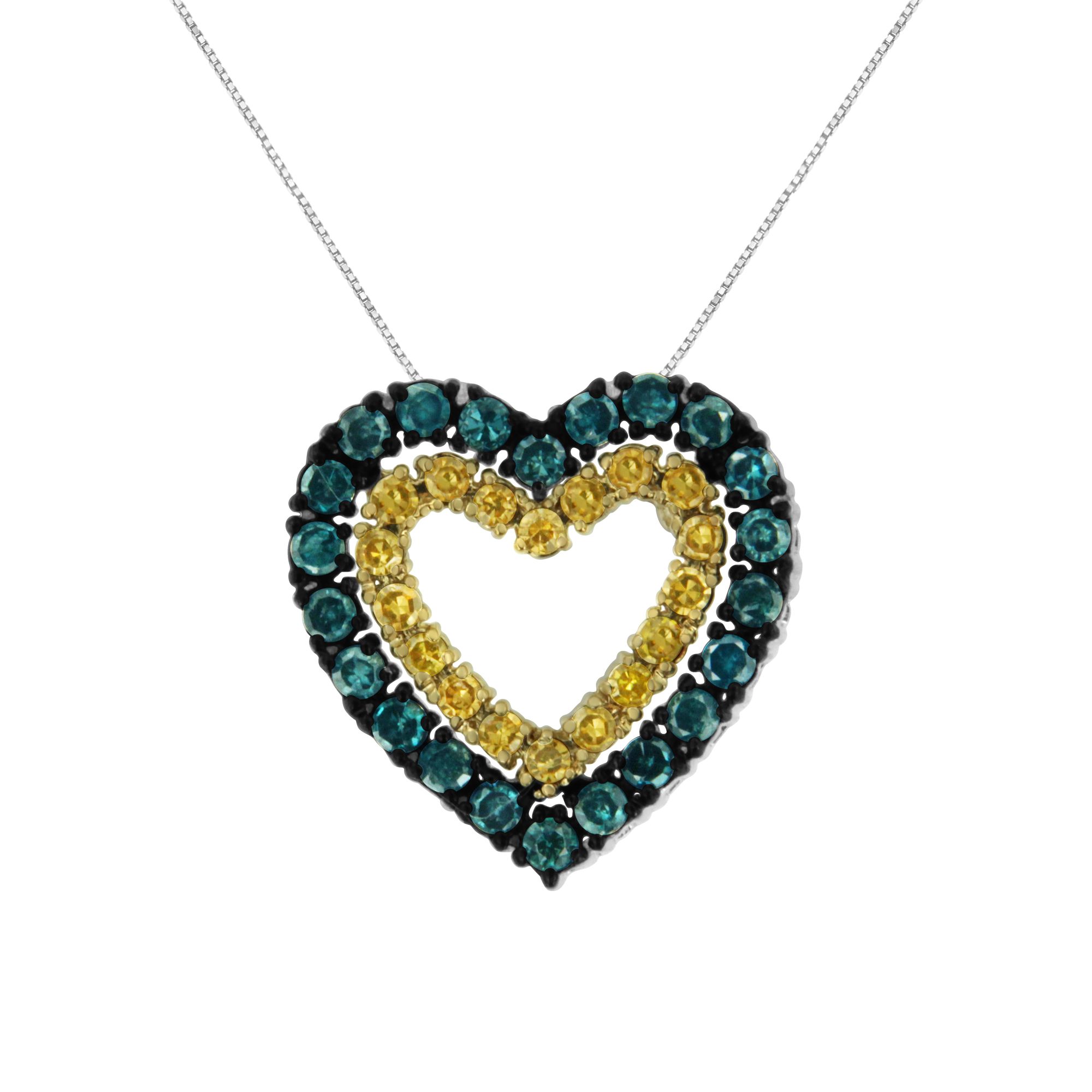 14 Karat Gelbgold Plated .925 Sterling Silber 1 / 2 cttw Farbe behandelt Diamant Herz Anhänger Halskette (Blau, Gelb, I2 - I3 Klarheit) - Größe 18