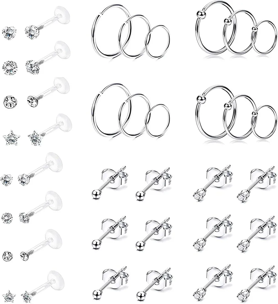 20Paare Helix Knorpel Ohrringe Schreifen für Frauen Männer Tiny Stud Ohrringe Tragus Ohrringe Edelstahl Kreis Lippen Ohr Piercing Ball Stud Ohrringe Barbell Piercing für Frauen Männer