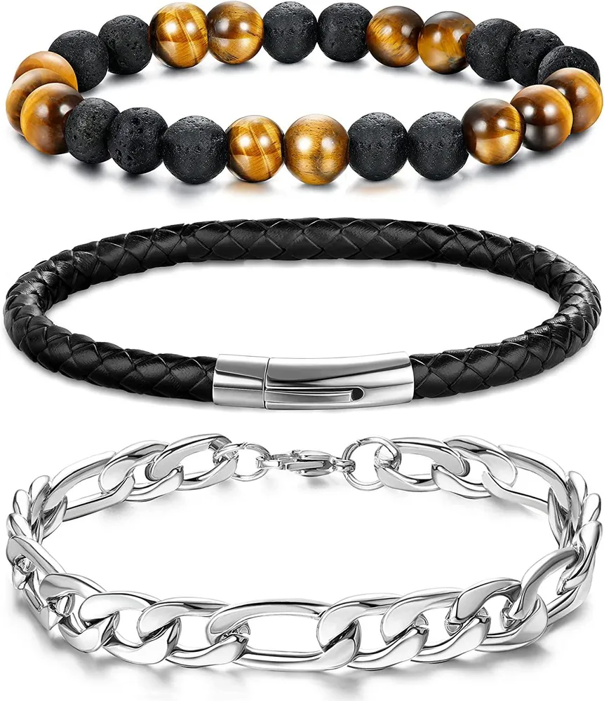 3PCS geflochtenes Lederarmband für Männer Frauen Edelstahl-magnetische Schließung Handgelenk Manschette Armband Tiger Eye Bead Armbänder Edelstahl kubanische Kette Armbänder 21,5cm