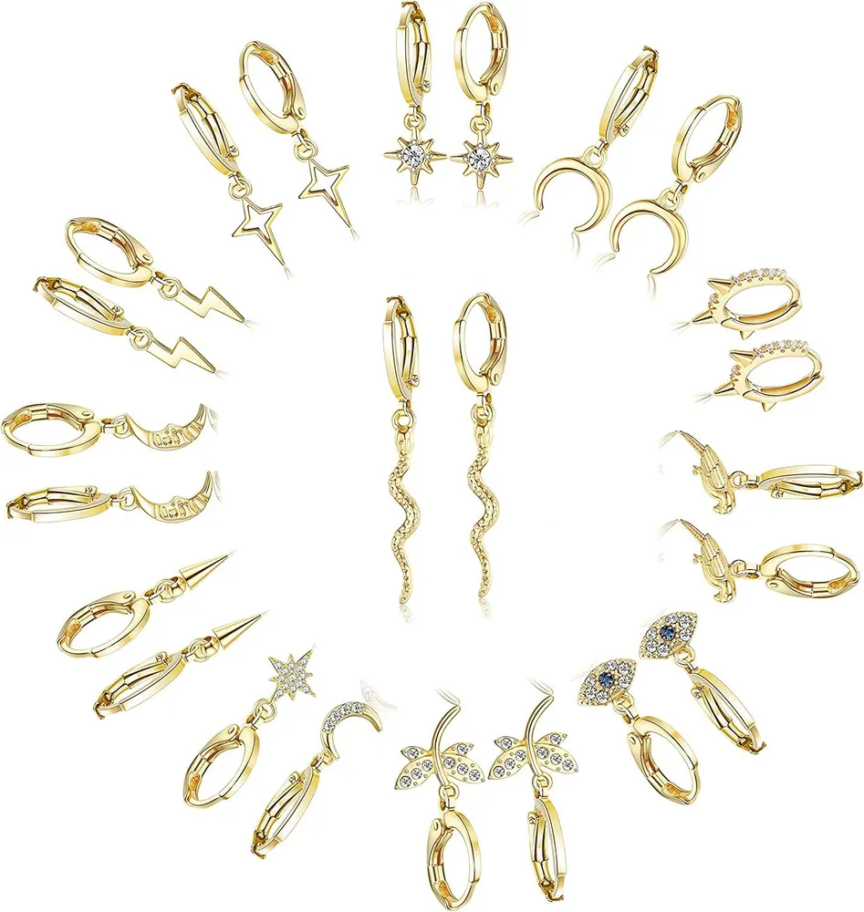 12 Paare kleine Hoop-Ohrringe Pack mit Charme Mini Hoop Dangle-Ohrringe; Snake Evil Eye Moon und Star Huggie Hoop-Ohrringe Set für Frauen und Teenager-Mädchen