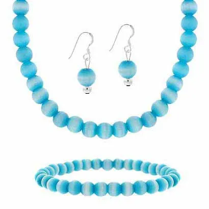 Sterling Silver Teal Cats Eye Bead Ohrringe, Armband & Halskette 15 - 19