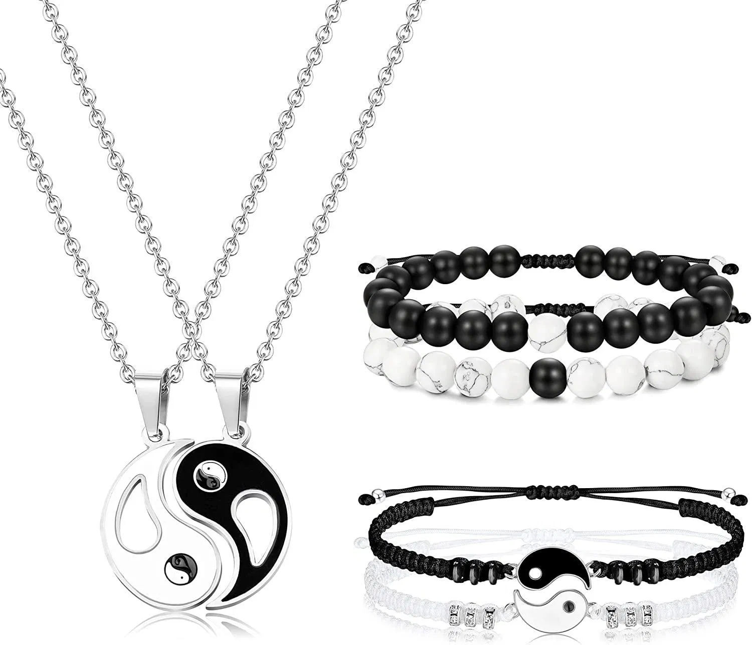 6pcs Yin Yang Paar Armbänder Halskette Set Männer Frauen Bff Freundschaft Armbänder einstellbare Schnur Armband Yin Yang Anhänger Halskette Energie Perlen Armband Valentinstag Geschenk