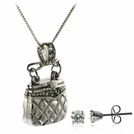 Sterling Silber CZ Geldbörse Anhänger Locket & Stud Ohrringe Set
