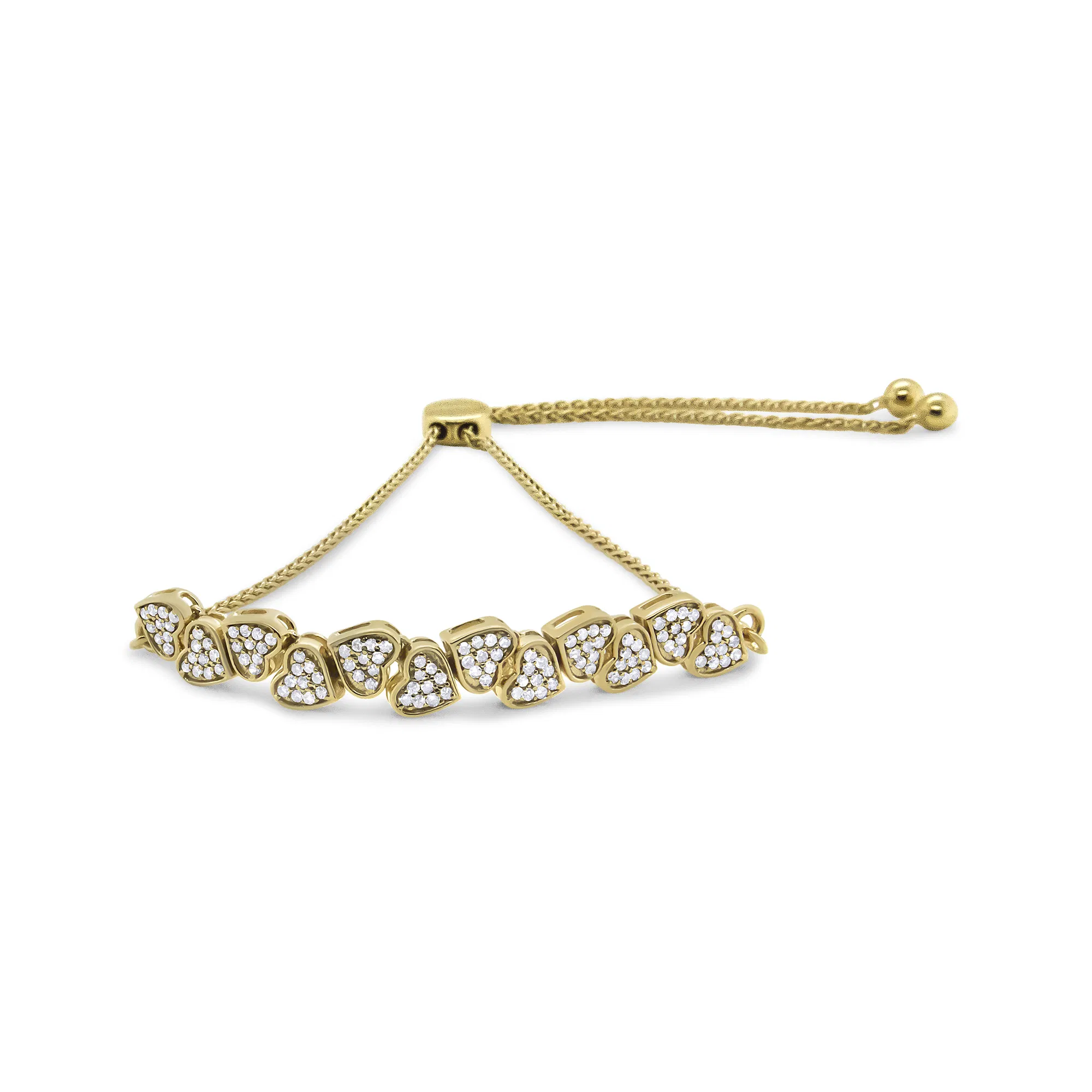 14K Gelbgold Plated .925 Sterling Silber 1/2 Cttw Diamant Sideways Herzen Bolo Armband (H-I Farbe, I1 - I2 Klarheit) - 4'-10' Einstellbar