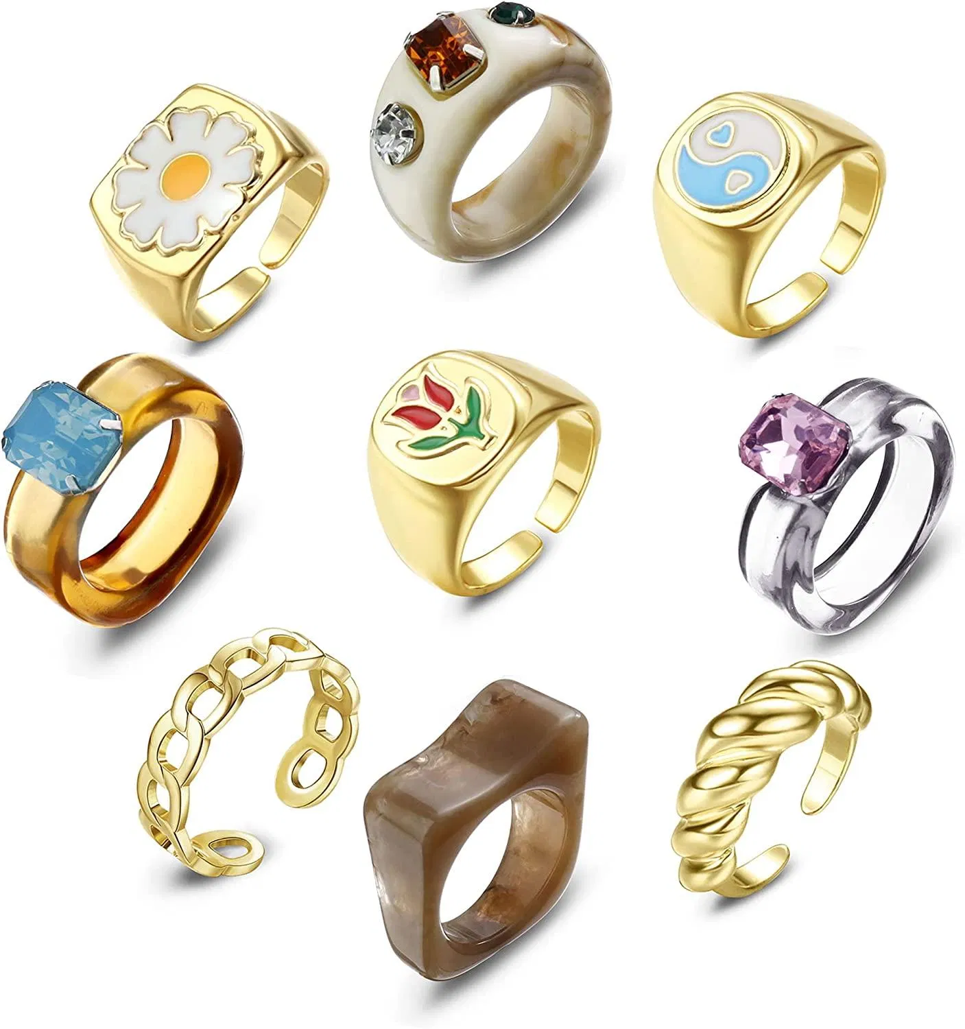 Chunky Y2K farbenfrohe Ringe für Frauen Egirls Yin Yang Evil Eye Harz Acrylic Email Ringe Trendy offene stapelbare Finger Knuckel Ringe Gold ästhetische Aussage Ringe Set Größe 7