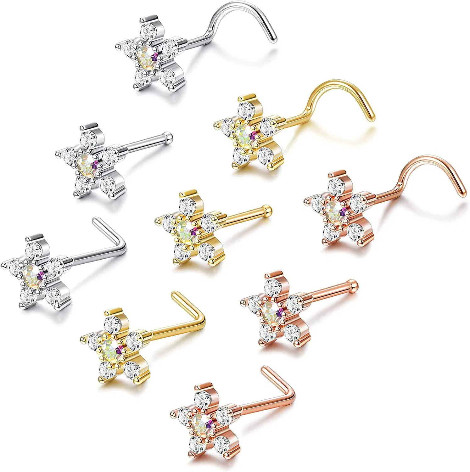 Nasenringe für Frauen 316L chirurgische Edelstahl 20G Nasenstöcke Silber Rose Gold Big Bling CZ Schmetterling Schneeflocken Blume L-geformte Schraube Knochen Nasen Piercings Schmuck