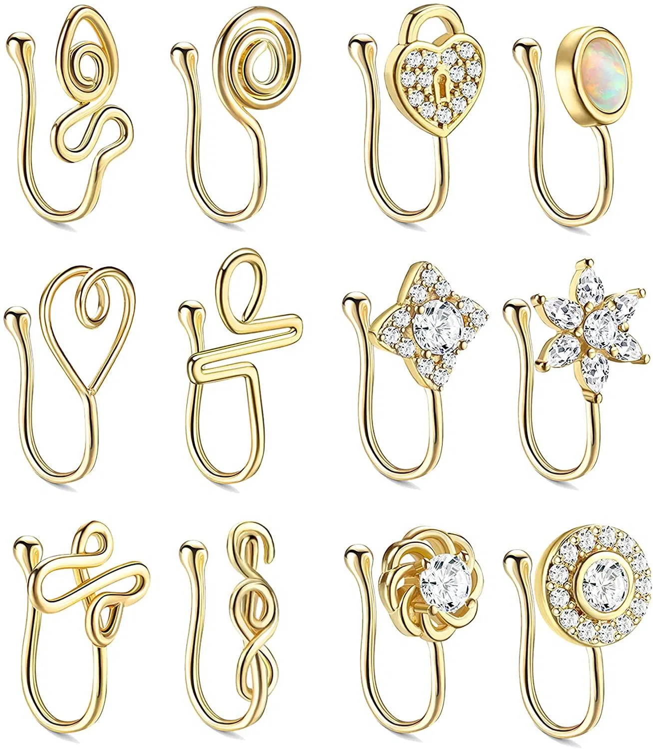 12Pcs Falsche Nasenringe für Frauen Nasenmanschette für nicht durchbohrte Faux Septum Nasen Piercing CZ Hoop Ringe Clip On Nose Cuff Set Faux Nasenringe
