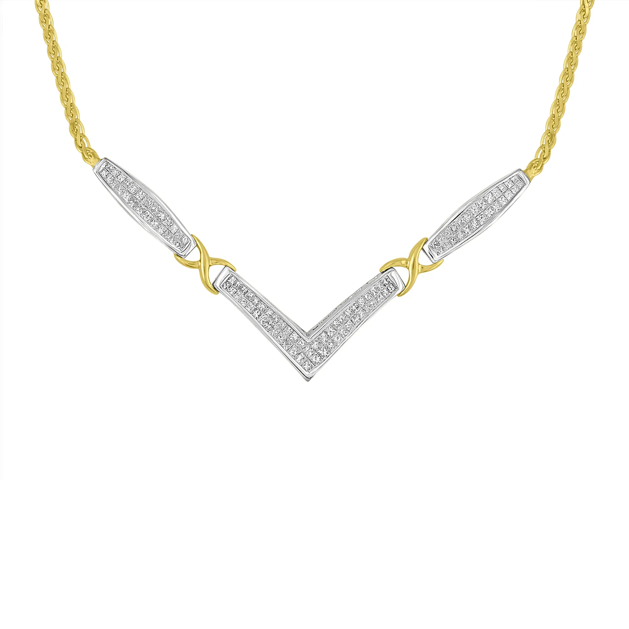 14 Karat Gelb und Weißgold 2.0 Cttw Princess Cut Diamond Flared and X-Station V Shaped 18 'Franco Chain Statement Kette (H-I Farbe, SI2 - I1 Klarheit)