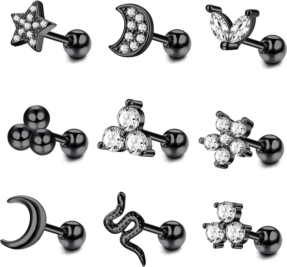 9pcs Knorpel Ohrringe Helix Tragus Ohrringe CZ Mond Stern Schlange Blume Schraube Rücken Ball Stud Edelknorpel Ohr Piercing für Frauen Männer