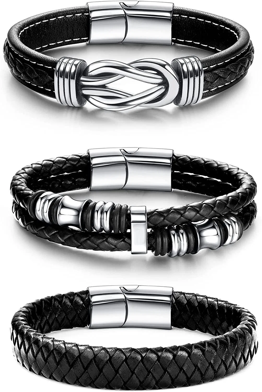 3pcs Mens Leder Armbänder mit Edelstahl Schwarz Braun Geflecht Wrap Armbänder Leder Handgelenk Manschetten Armbänder Magnetische Schließverschluss 7,5 - 8,5 Zoll