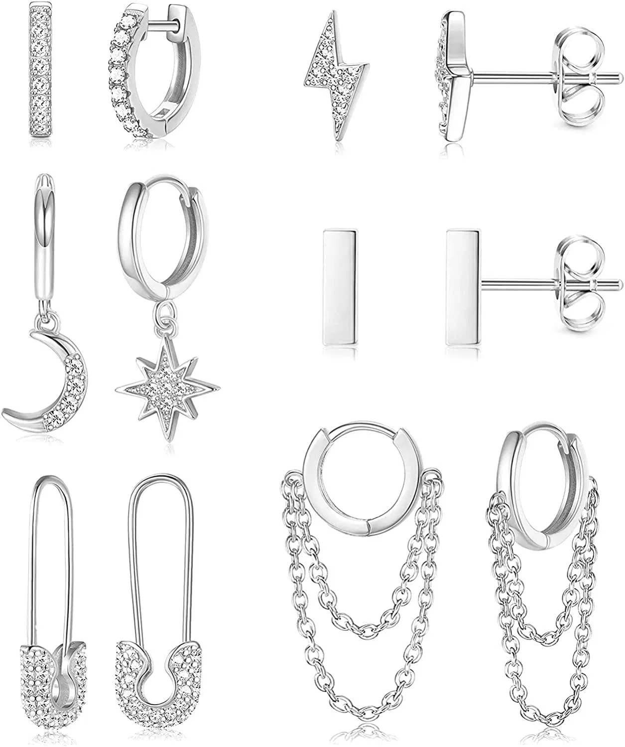 6 Paare Huggie Hoop Ohrringe für Frauen Männer Mond und Stern Dangle Ohrringe Studs Set für Frauen