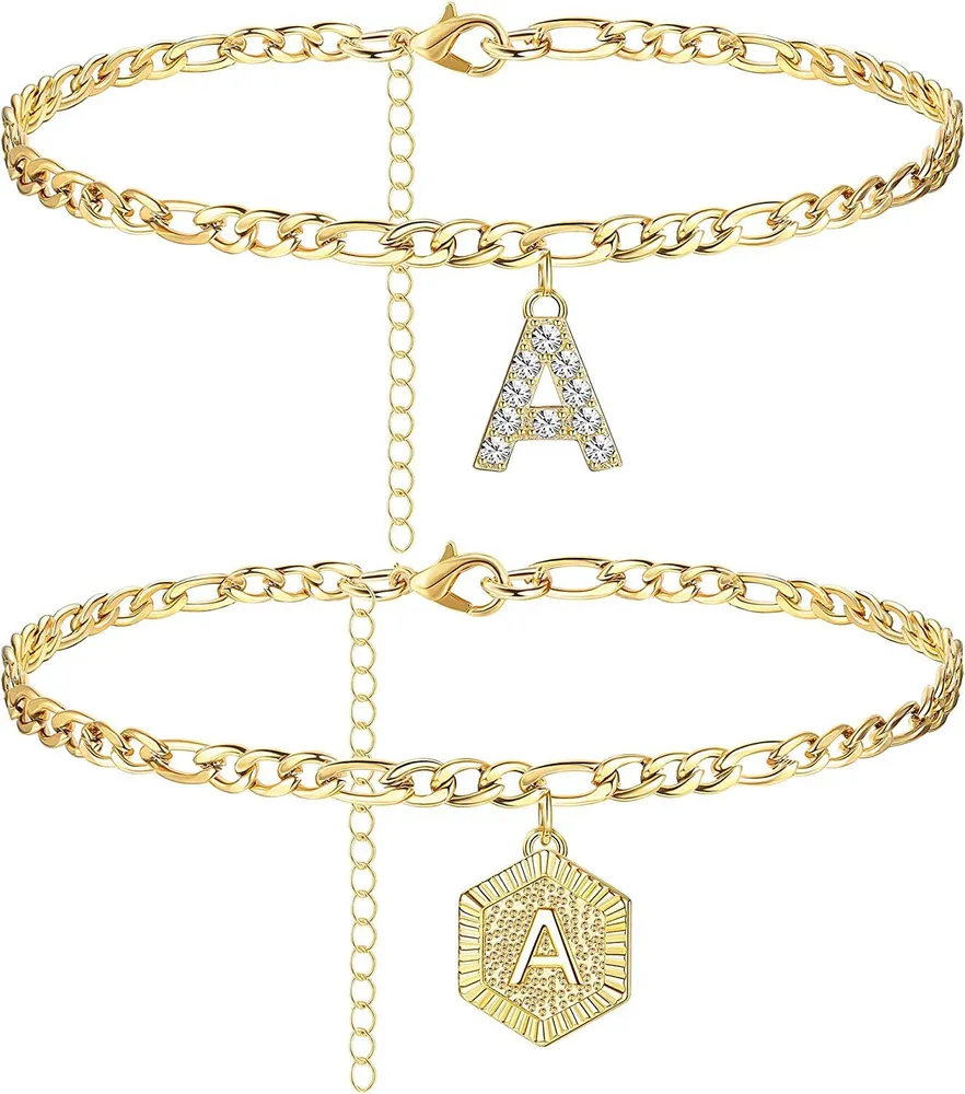 Anfängliche Knöchel-Armbänder für Frauen; Edelstahl-Schicht Figaro-Kettenbrief Anfängliche Knöchel-Armbänder mit Buchstaben-Alphabet für Frauen Mädchen (2Pcs)