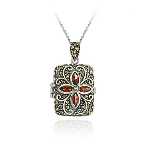 Sterling Silber Echtes Garnet Blume Marcasite Locket