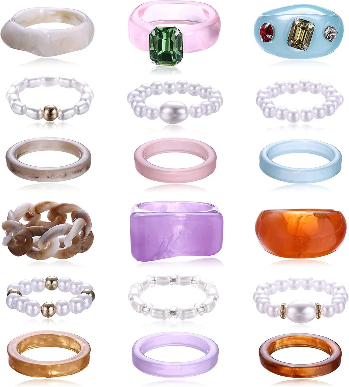 18 Stück farbenfrohe Acryl Perle Y2K Ringe Set Rhystone Chunky Trendy Transparent Harz Knuckle Stackable Ring Vintage Band Ring für Frauen Egirls