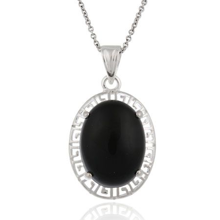 Sterling Silber Oval Onyx Griechischer Schlüssel Design Anhänger