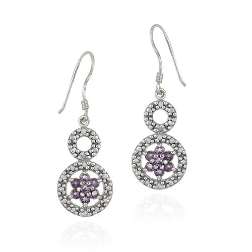 Sterling Silber Amethyst & Diamant Akzent Doppelkreis und Blumen Ohrringe
